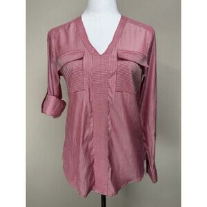 Express Women’s XS Chiffon V-Neck Popover Top Red Striped Long Roll Tab Sleeves